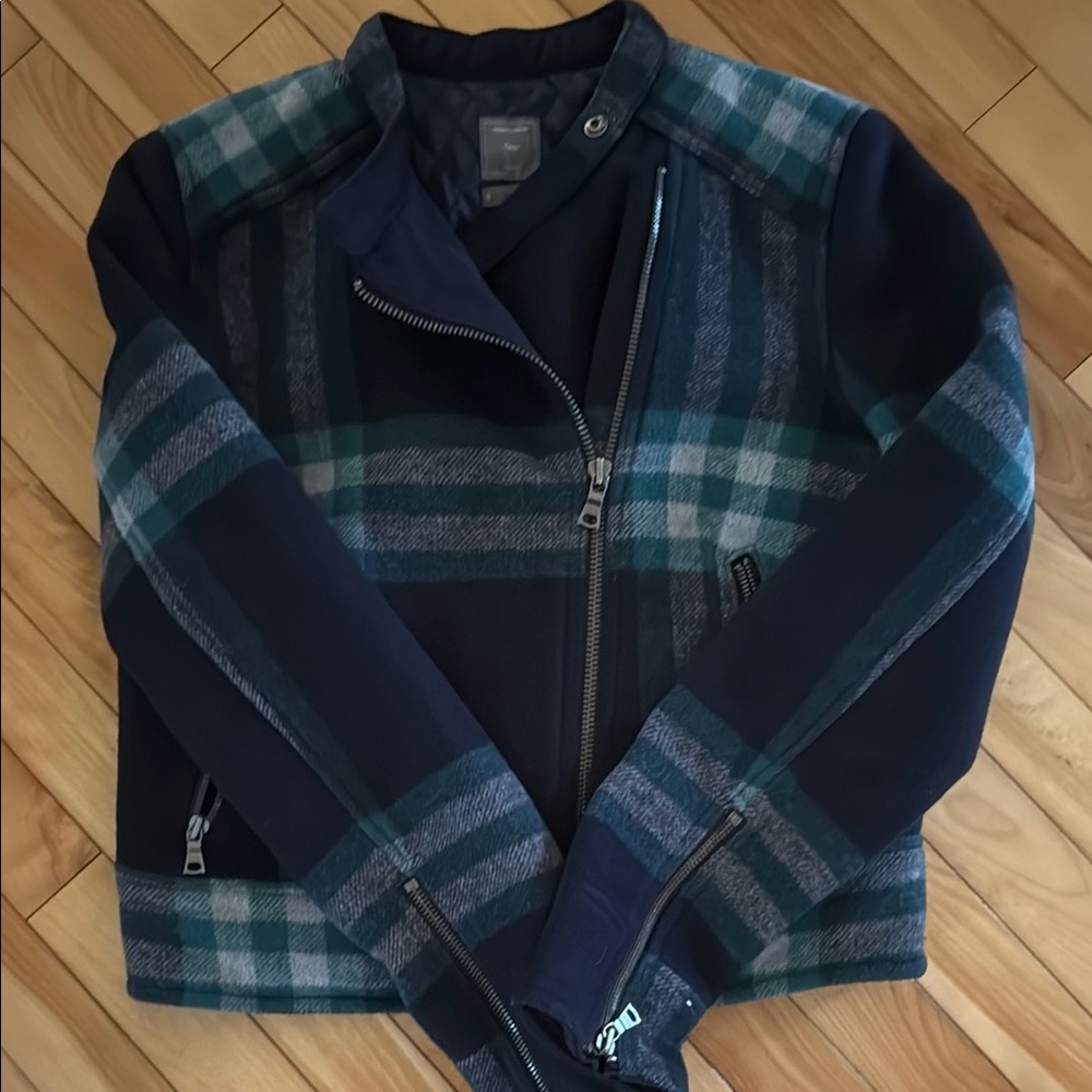GAP Navy and Teal Plaid Pea Coat